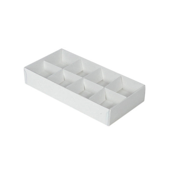 100 Pack of White Card Chocolate Sweet Soap Product Retail Gift Box - 8 bay 3cm Compartments - Clear Slide On Lid - 16x8x3cm